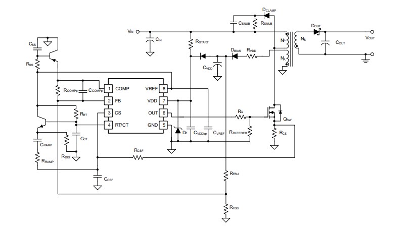 Application Circuit Diagram - Texas Instruments UCCx8C5x/UCCx8C5x-Q1 Current-Mode PWM Controllers